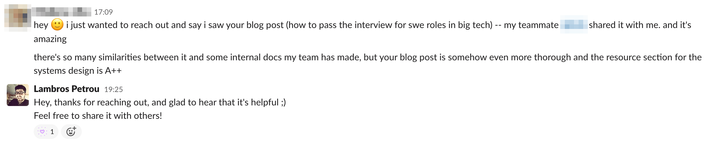 HR recruiter asking permission for sharing my tech interview article with their candidates